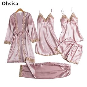 Women's Pajamas Set Manufacturer - 2025 Golden Lace Silk Satin Five Pieces Shorts Home