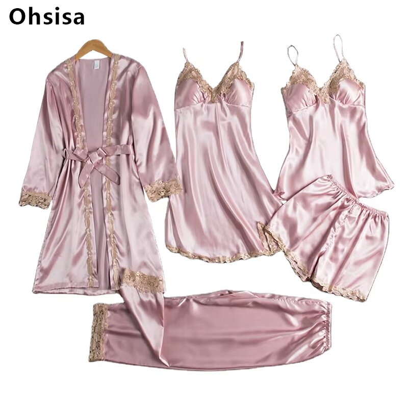 Women's Pajamas Set Manufacturer - 2025 Golden Lace Silk Satin Five Pieces Shorts Home