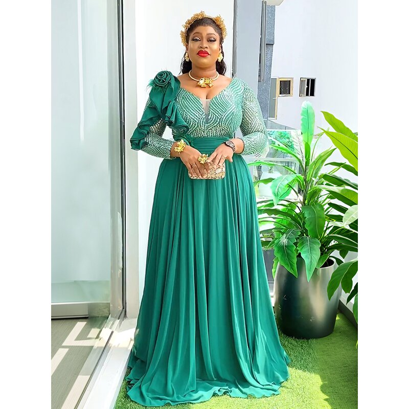 African Evening Dress Manufacturer - 2025 Plus Size Sequined Long Sleeve Chiffon Flower