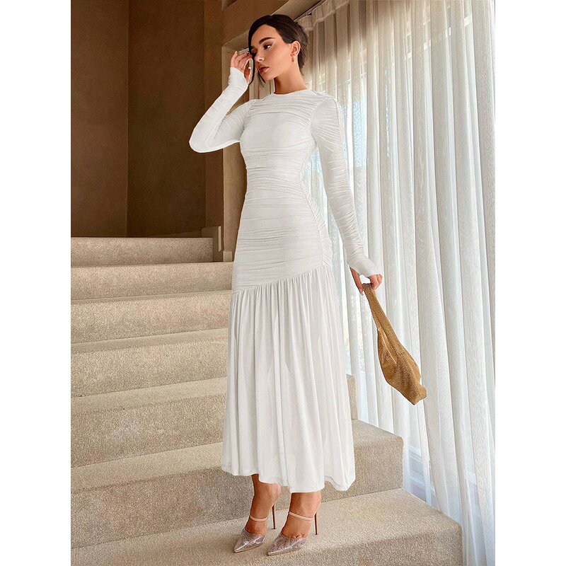 Lace Slim Dress Manufacturer - 2025 Long Sleeve Round Neck Wrinkle Slimming