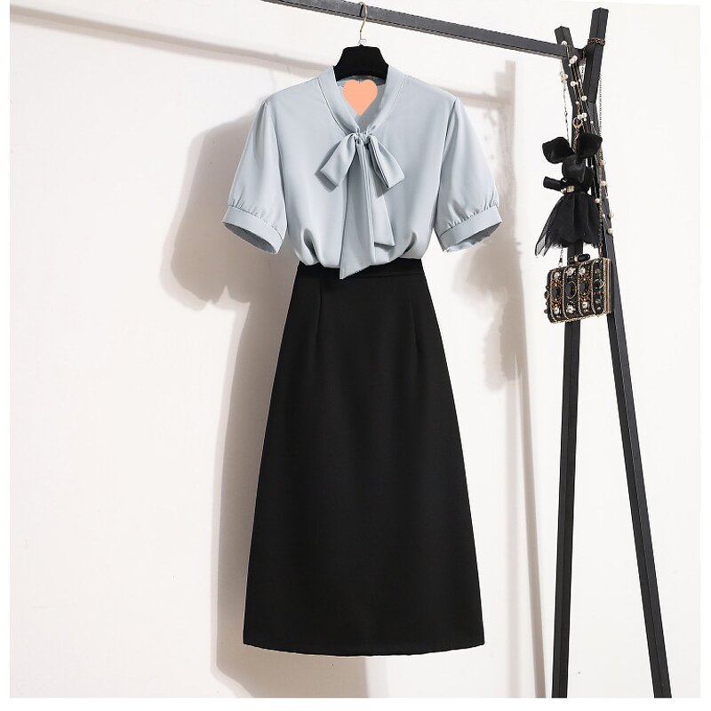 Women's 2-Piece Set Manufacturer - Short Sleeve Tops Skirt Petal Bow Collar Professional