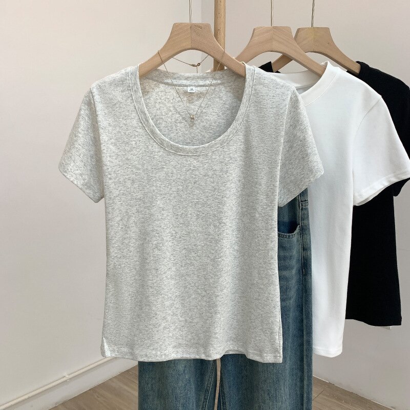 Women's T-shirt Manufacturer - 2025 Short Sleeve Solid Color Straight Shoulder Base