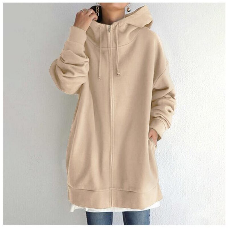 Women's Fleece Hoodie Manufacturer - Long Style Zipper Solid Color Streetwear Casual