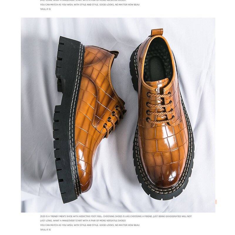 Men's PU Leather Shoes Manufacturer - 2025 Big Head Thick Bottom Plaid Business Casual