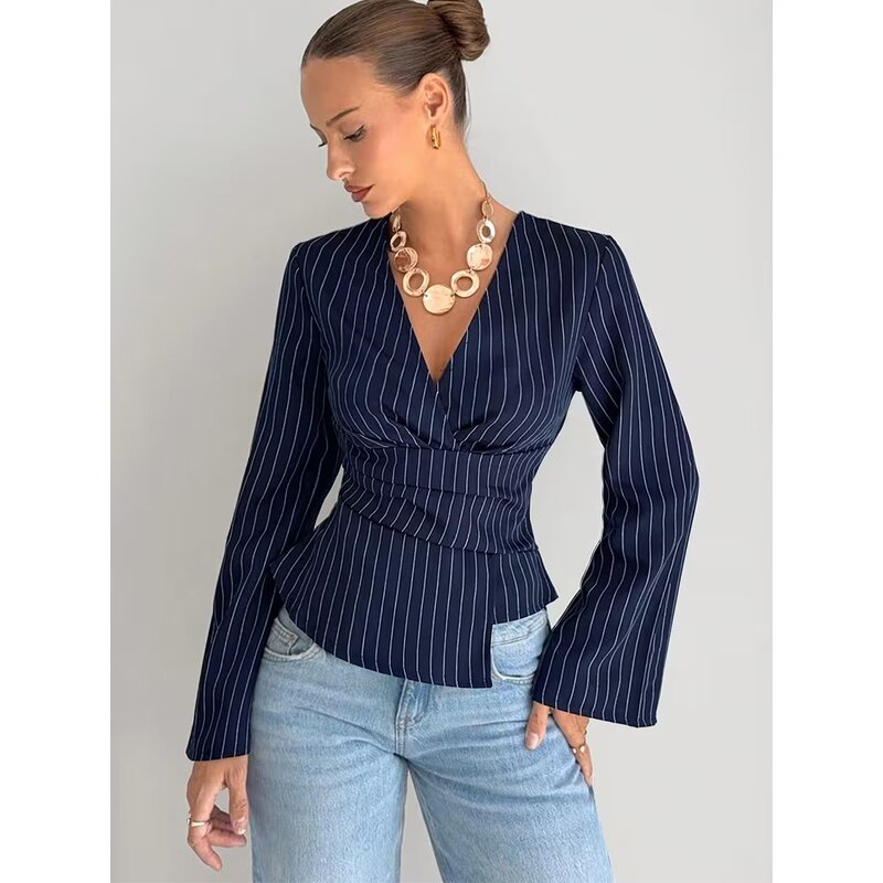 Striped Shirt Manufacturer - 2026 V-neck Long Sleeve Waist Cinched for Women