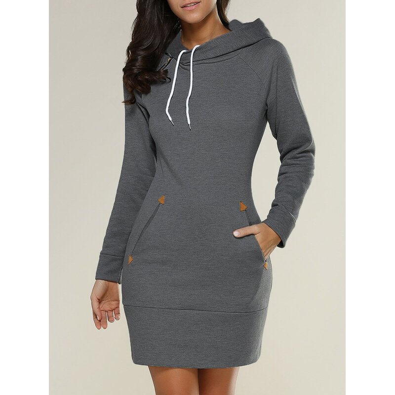 Women's Hoodie Dress Manufacturer - Turtleneck Long-Sleeved Solid Color Casual Lined