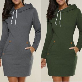 Women's Hoodie Dress Manufacturer - Turtleneck Long-Sleeved Solid Color Casual Lined