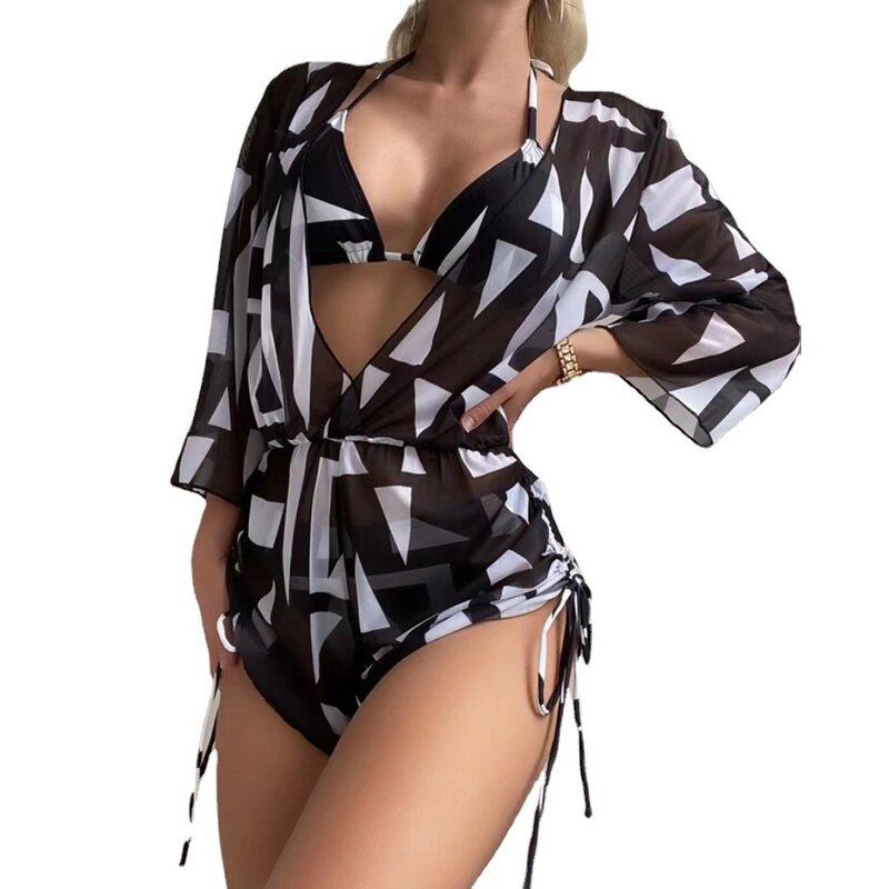 Women's Bikini Set Manufacturer - 3 Piece Spaghetti Strap Bra Jumpsuit Printed Swimwear