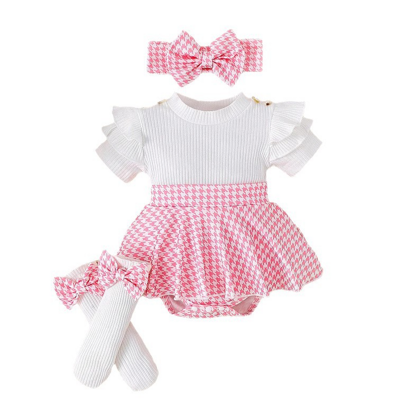 Girls' Romper Set Manufacturer - Ribbed Knitted Short-Sleeve Top Plaid Skirt Headband