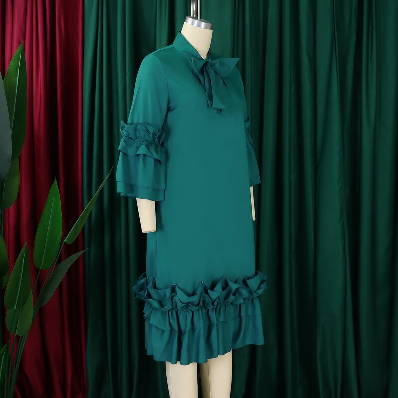 Chiffon Flare Dress Manufacturer - 2025 O-Neck Half-Sleeve Ruffles Plus Size Office