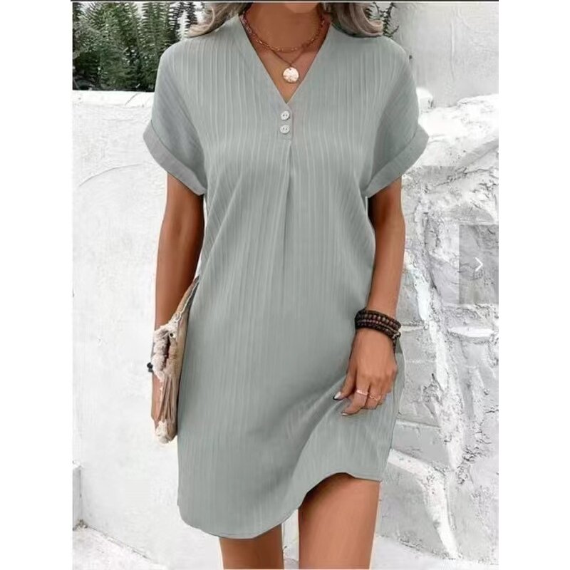 A-line Dress Manufacturer - V-neck Solid Color Button up for Women Summer Casual