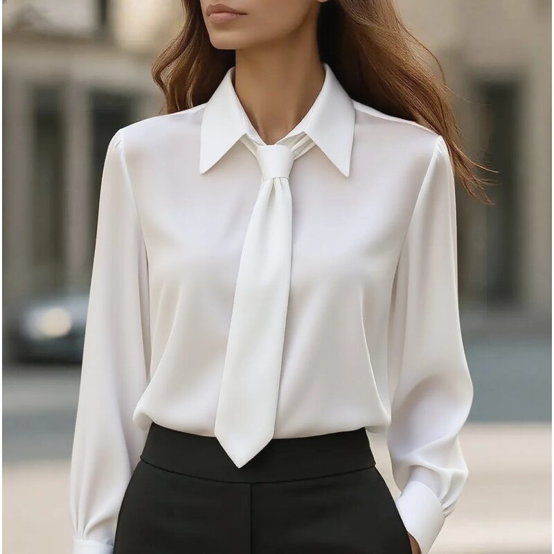 Women's French Shirt Manufacturer - 2025 Autumn Solid Color Casual Tie Long Sleeve