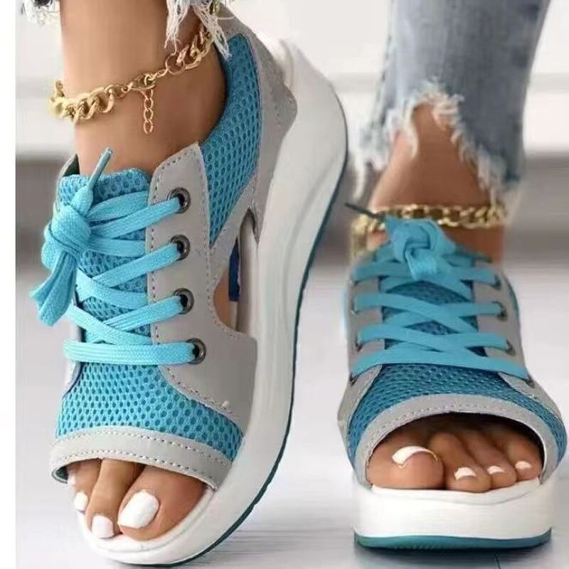 Women's Beach Sandals Manufacturer - 2025 Mesh Lace-up Color Matching Hollow Out Thick Soled