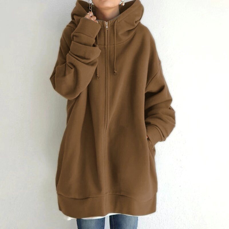 Women's Fleece Hoodie Manufacturer - Long Style Zipper Solid Color Streetwear Casual
