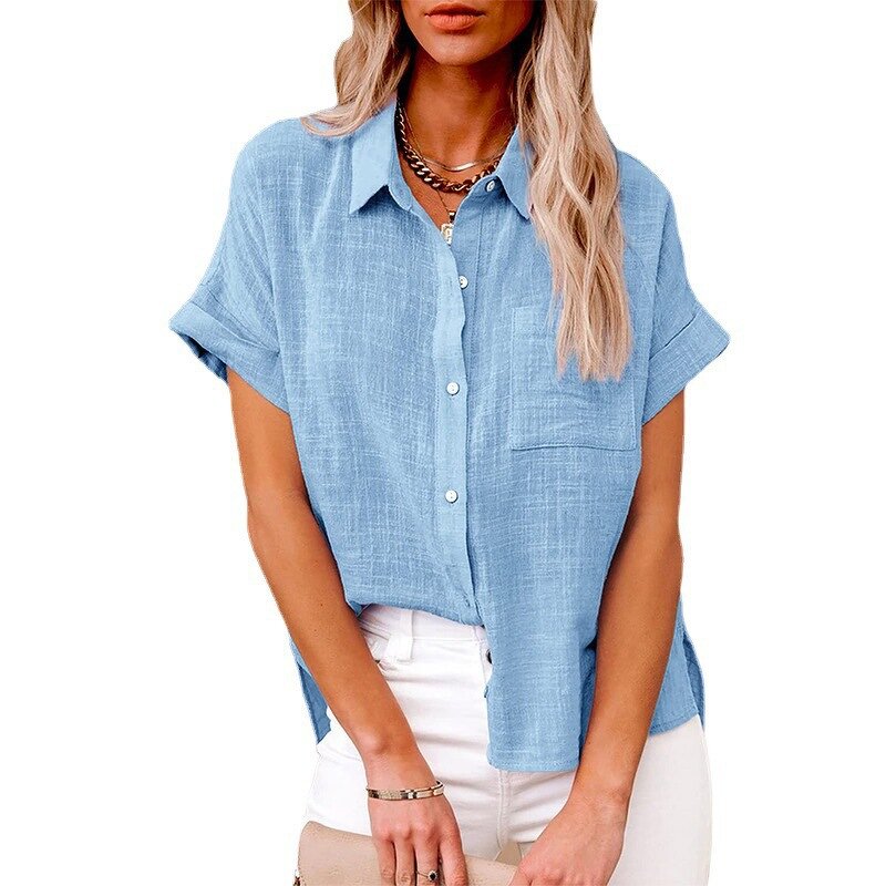 Cotton Linen T-shirt Manufacturer - Lapel Button Short Sleeve Loose for Women Summer