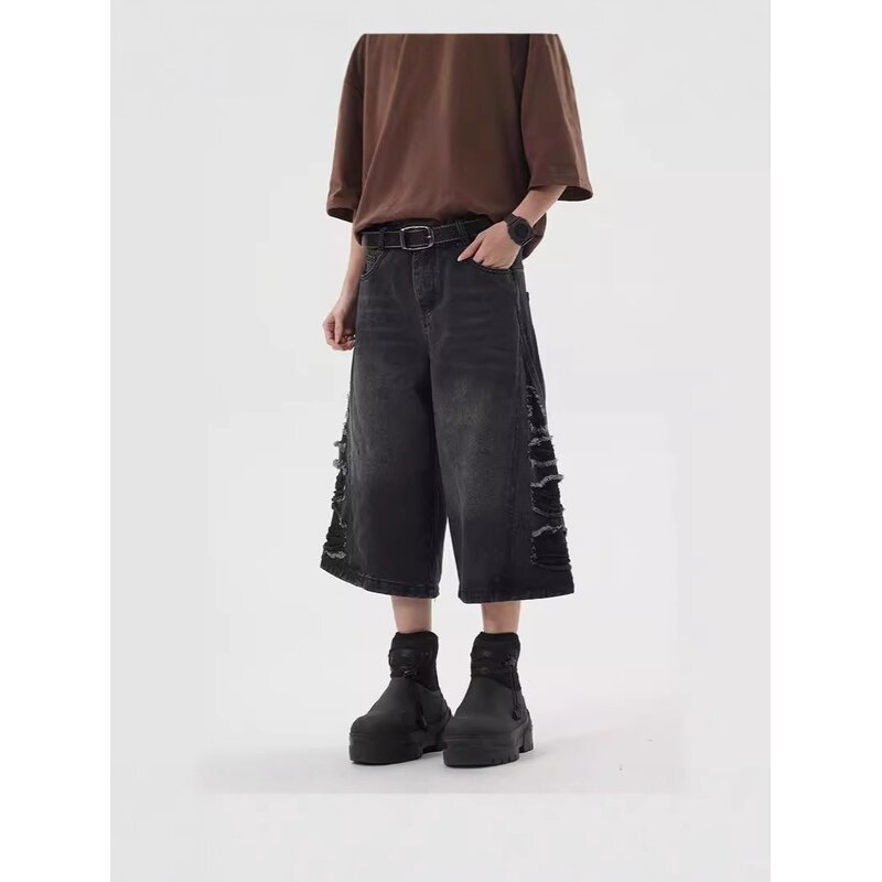 Men's Denim Shorts Manufacturer - Summer Washed Vintage Loose Wide-leg Straight-cut