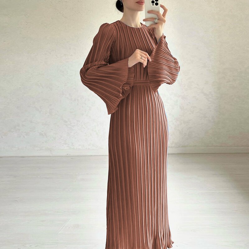 Casual Dress Manufacturer - O-Neck Long Sleeve Pleated with Belt for Autumn Parties