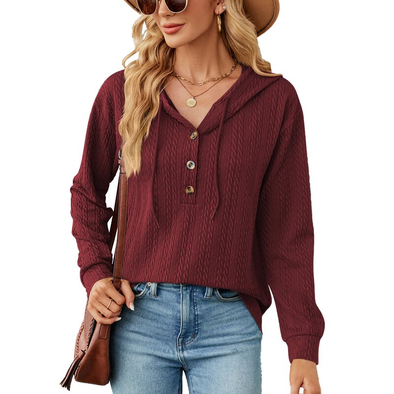 Women's Hoodie Manufacturer - Autumn Winter Solid Color Button Loose Long-sleeved