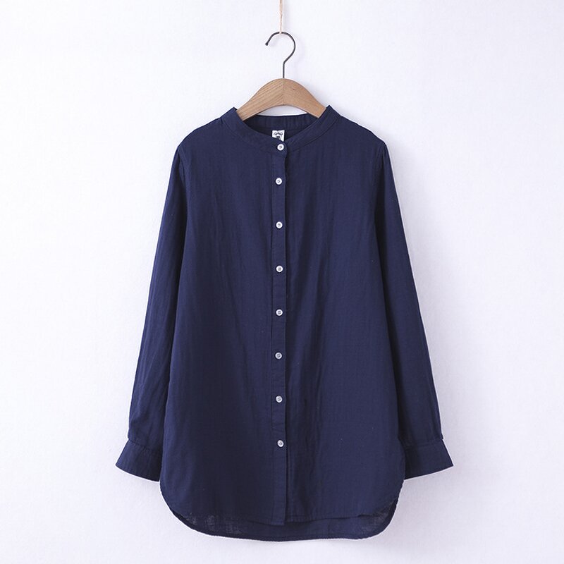 Cotton Yarn Blouse Manufacturer - Long Sleeve Stand Collar Button Soft Midi Casual