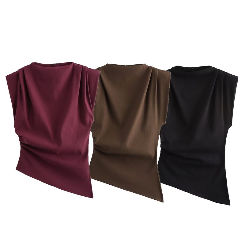 Sleeveless Top Manufacturer - 2025 Solid Color Wrinkle Shoulder Padded Fashion