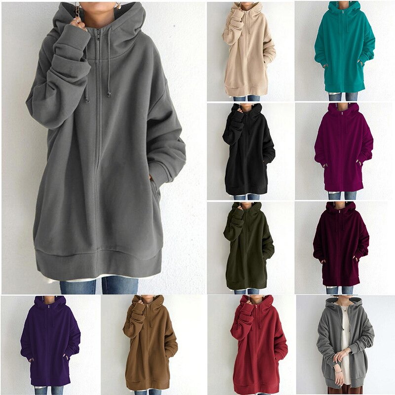 Women's Fleece Hoodie Manufacturer - Long Style Zipper Solid Color Streetwear Casual