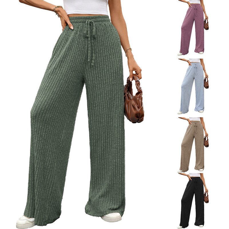 Women's Casual Pants Manufacturer - Solid Color Drawstring Loose Pit Stripe Brushed Elastic