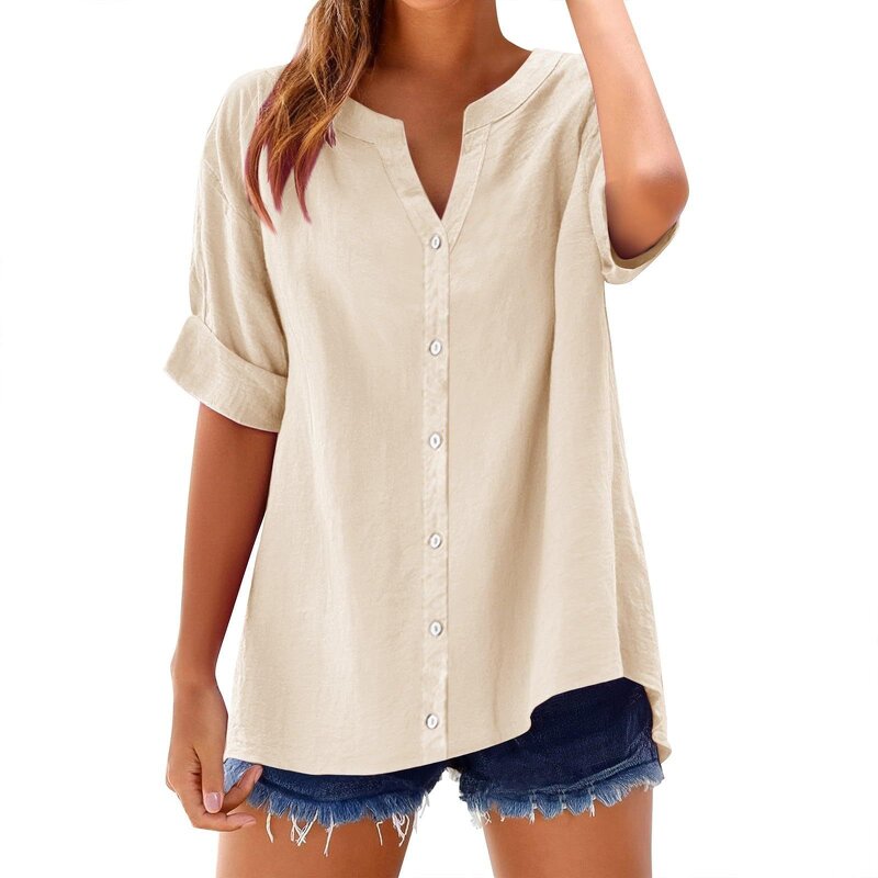 Casual Shirt Manufacturer - 2025 V-neck Loose Button Short Sleeve for Women Spring Summer