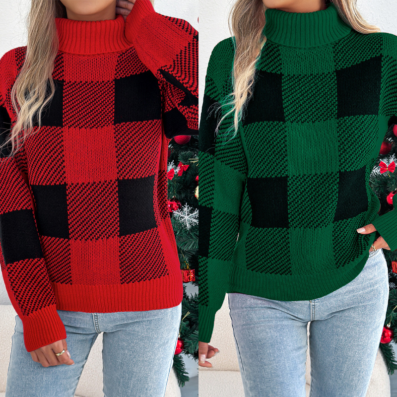 Plaid Sweater Manufacturer - Lantern Long Sleeve High Collar Christmas Warm Loose