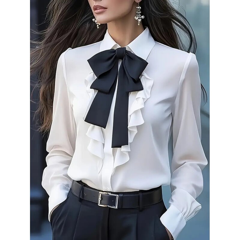 Women's Shirt Manufacturer - 2025 Autumn Lace up Bow Ruffle Design Elegant Urban
