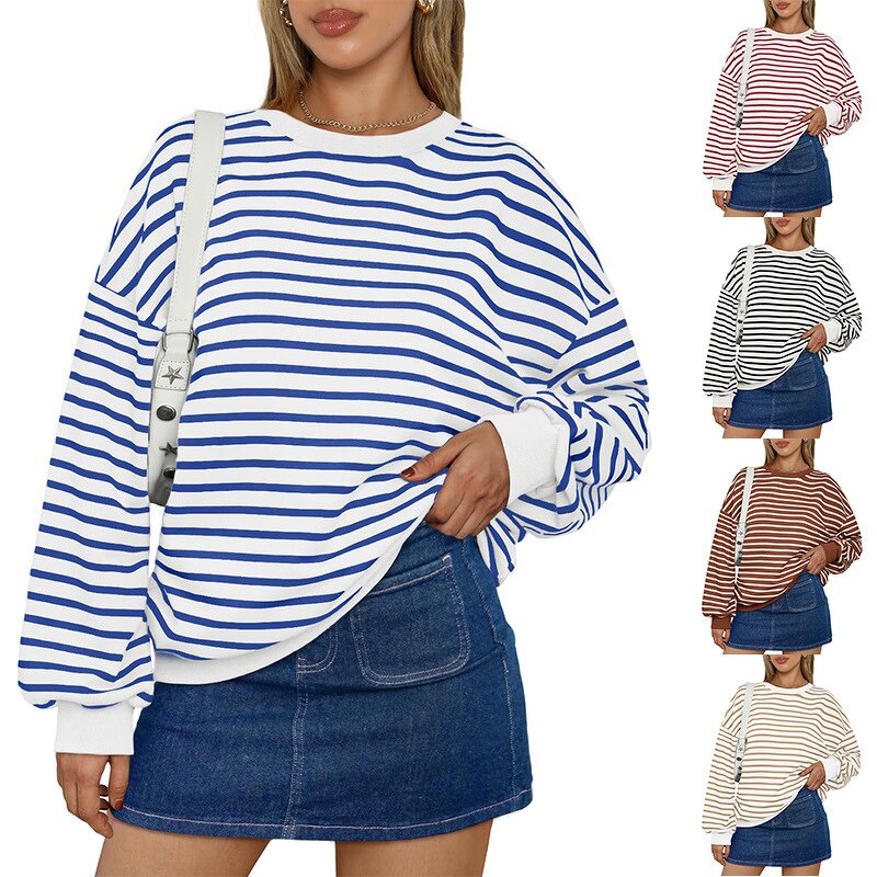 Striped Sweatshirt Manufacturer - O-neck Long Sleeve Loose Pullover Autumn Winter