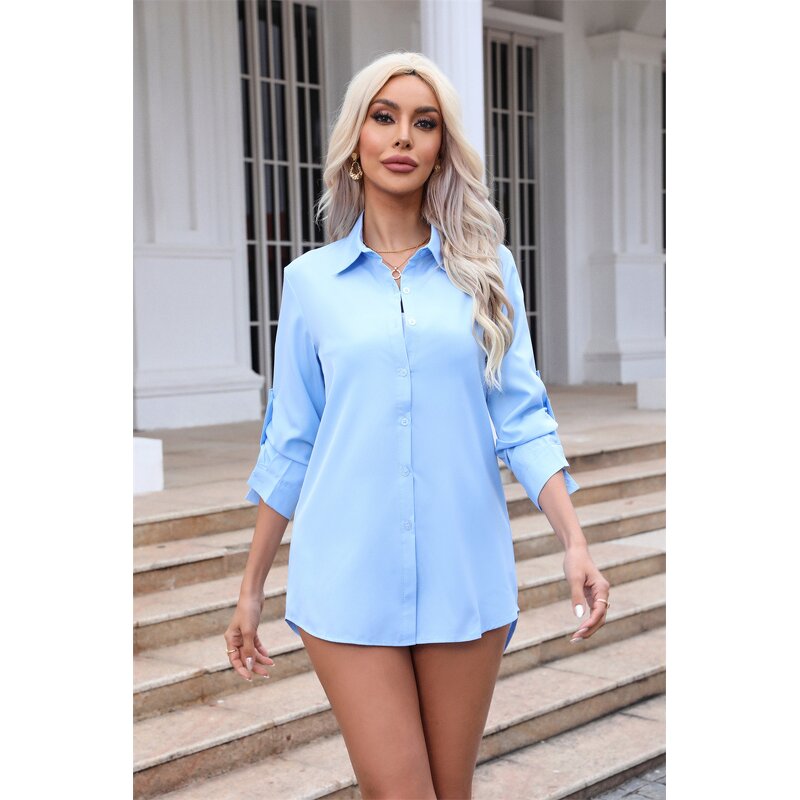 Chiffon Shirt Manufacturer - Stand Collar Button Rolled Sleeve Mid Length Professional