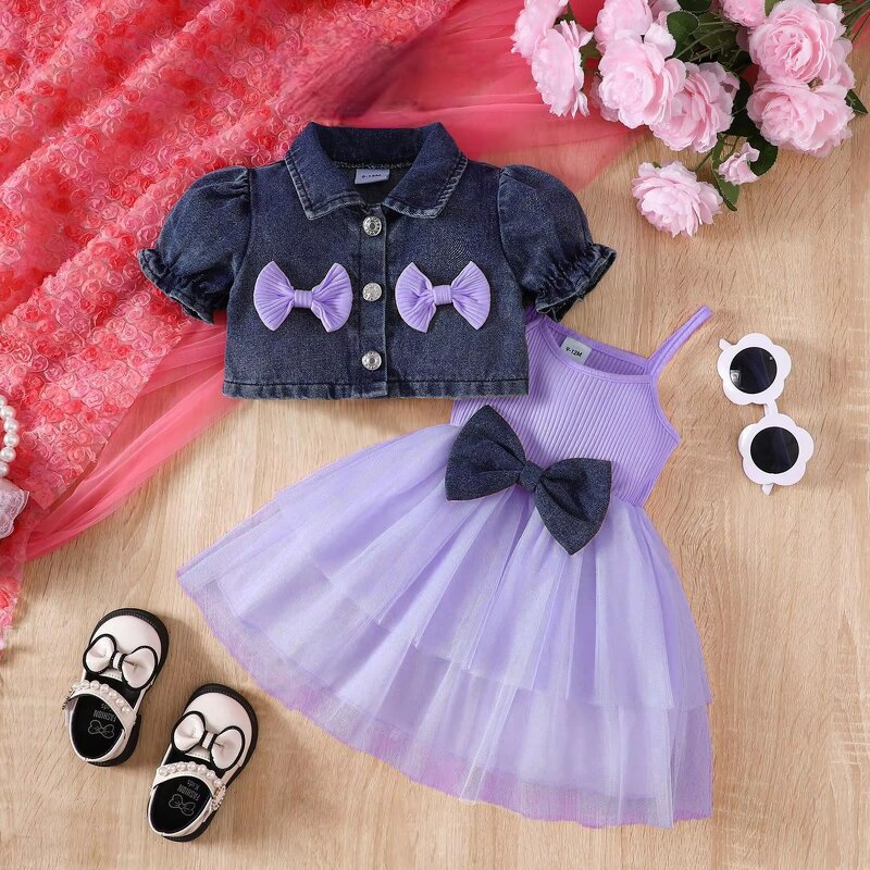 Baby Girl Suit Set Manufacturer - Denim Jacket Sling Lace Dress Head-Free Headdress