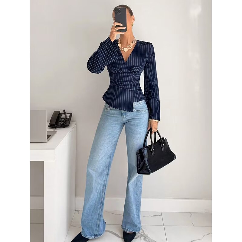 Striped Shirt Manufacturer - 2026 V-neck Long Sleeve Waist Cinched for Women