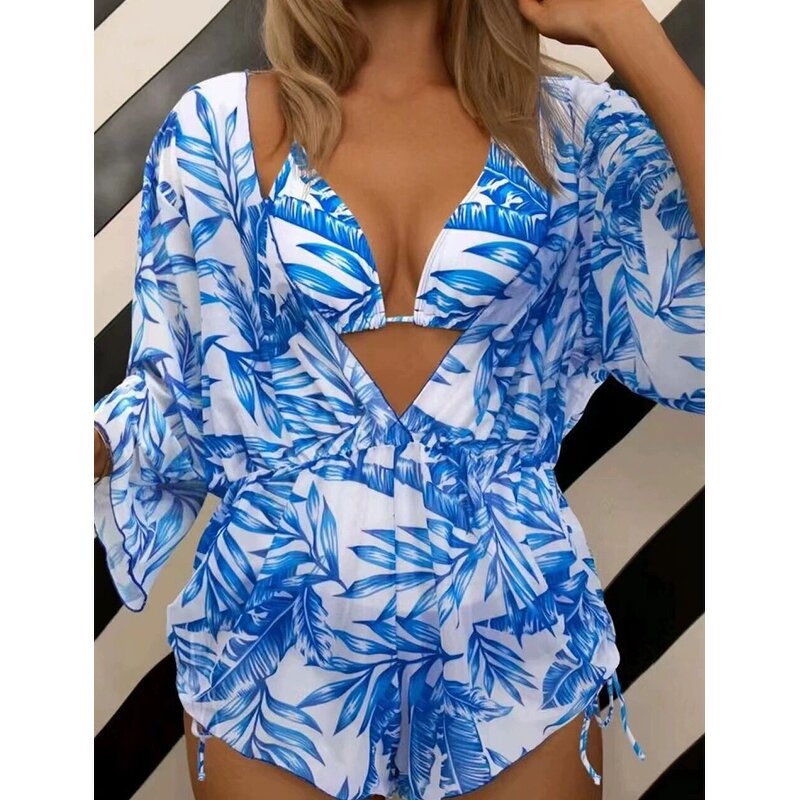 Women's Bikini Set Manufacturer - 3 Piece Spaghetti Strap Bra Jumpsuit Printed Swimwear