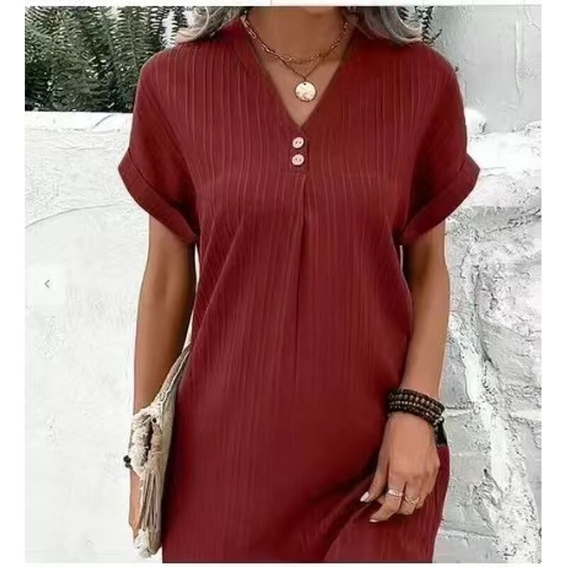 A-line Dress Manufacturer - V-neck Solid Color Button up for Women Summer Casual