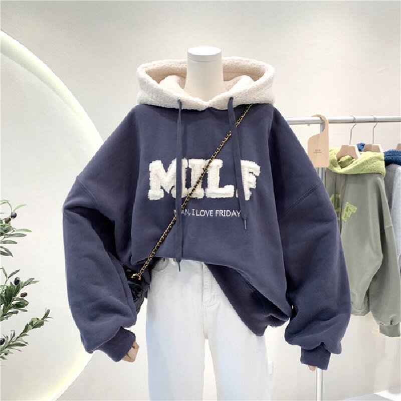 Women's Fleece Hoodie Manufacturer - Add Lamb Wool Letter Embroidery Loose Wholesale