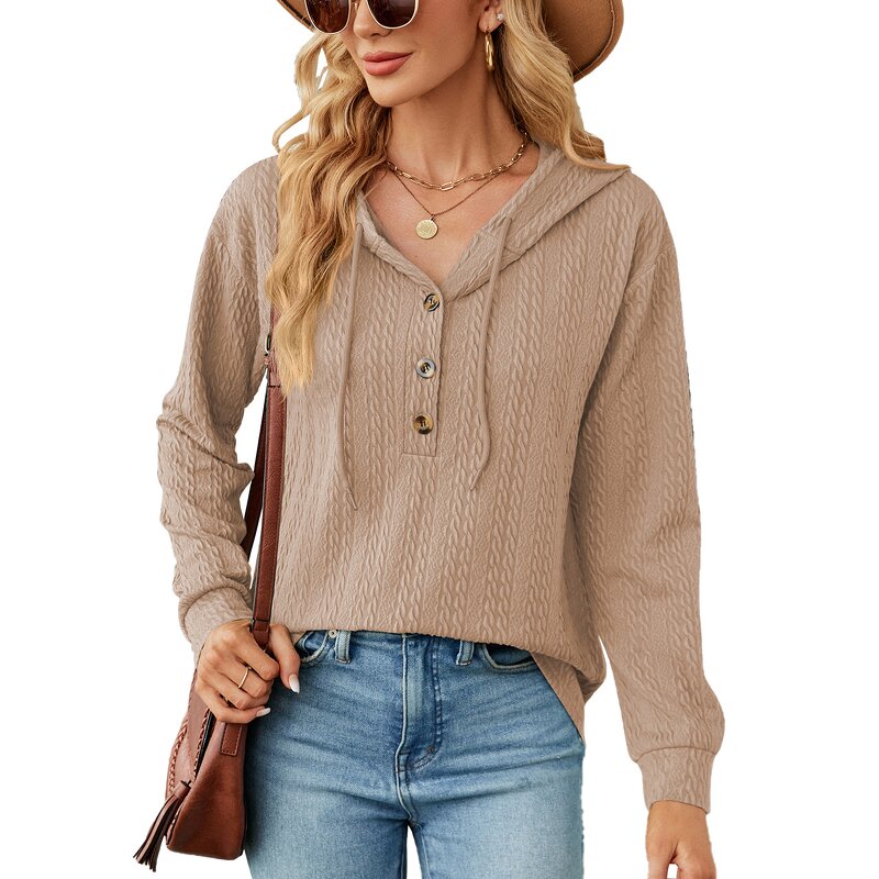 Women's Hoodie Manufacturer - Autumn Winter Solid Color Button Loose Long-sleeved