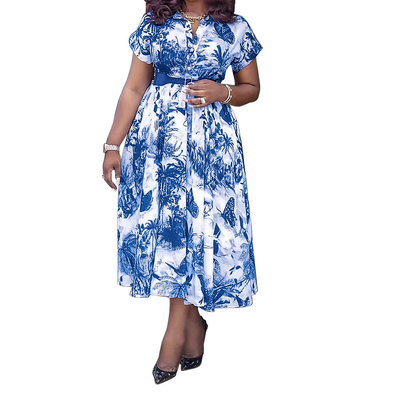 Printed Floral Dress Manufacturer - 2025 Stand Collar Belt Office Plus Size