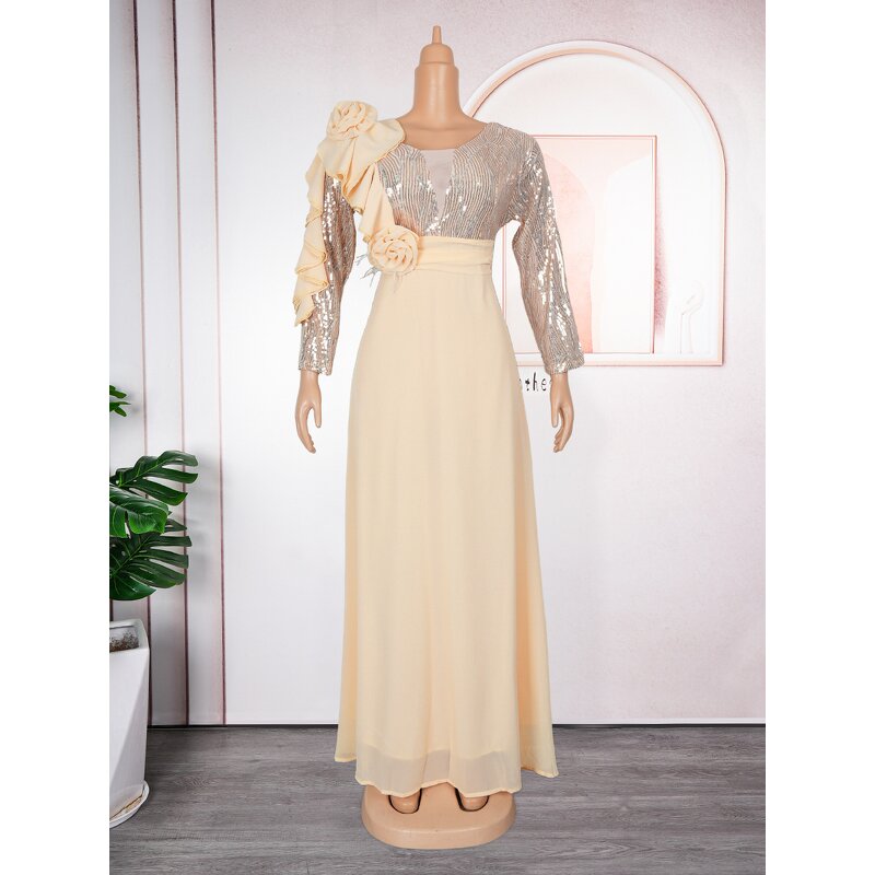 African Evening Dress Manufacturer - 2025 Plus Size Sequined Long Sleeve Chiffon Flower