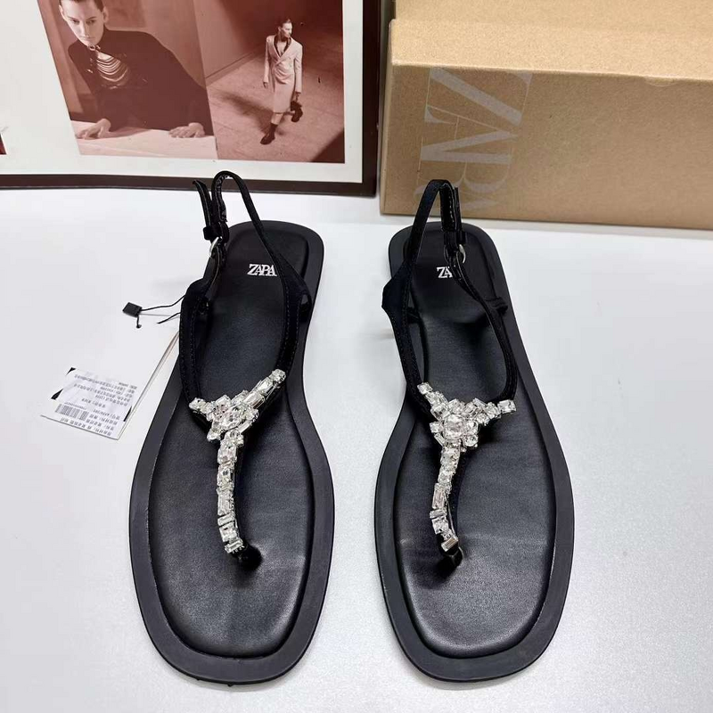 Women's Flat Sandals Manufacturer - 2025 Classic Black Round Toe Shiny Crystal Wholesale