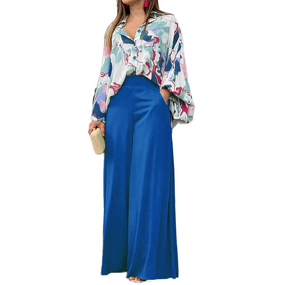 Women's Pants Set Manufacturer - Printed Shirt Wide Leg Pants Fashionable Casual Loose