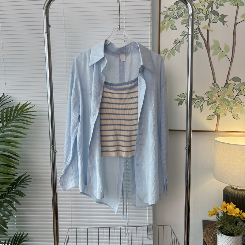 Women's 2-Piece Set Manufacturer - Sunscreen Shirt Loose Solid Color Collar Top