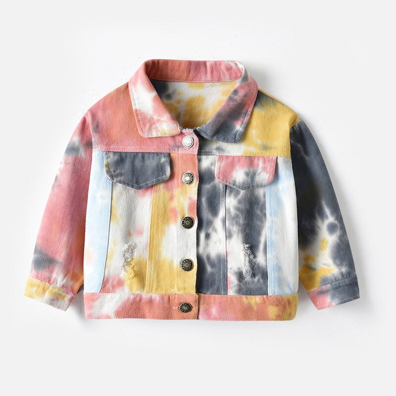 Children's Denim Coat Manufacturer - Korean Tie-dye Short Jeans Lapel Long Sleeve Fashion