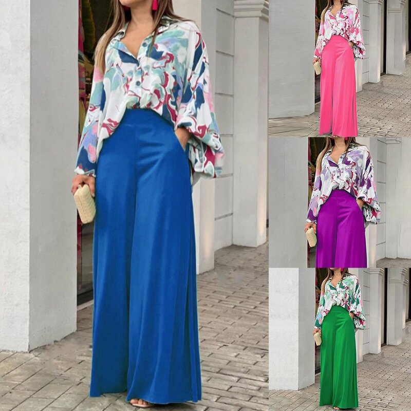 Women's Pants Set Manufacturer - Printed Shirt Wide Leg Pants Fashionable Casual Loose