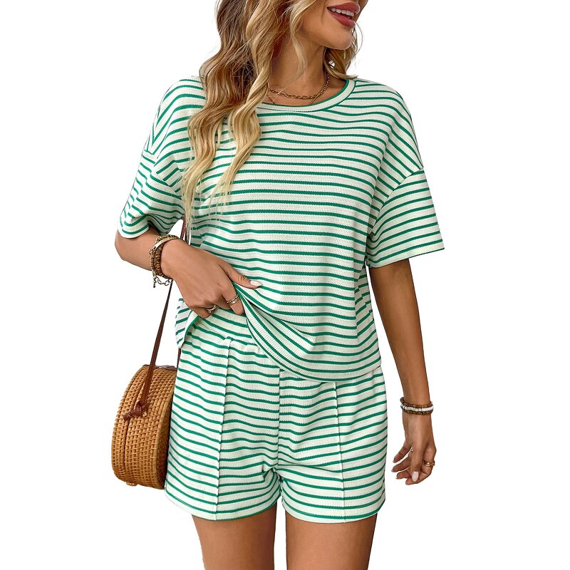 Women's Shorts Set Manufacturer - Knitted Round Neck Short Sleeved Striped Casual