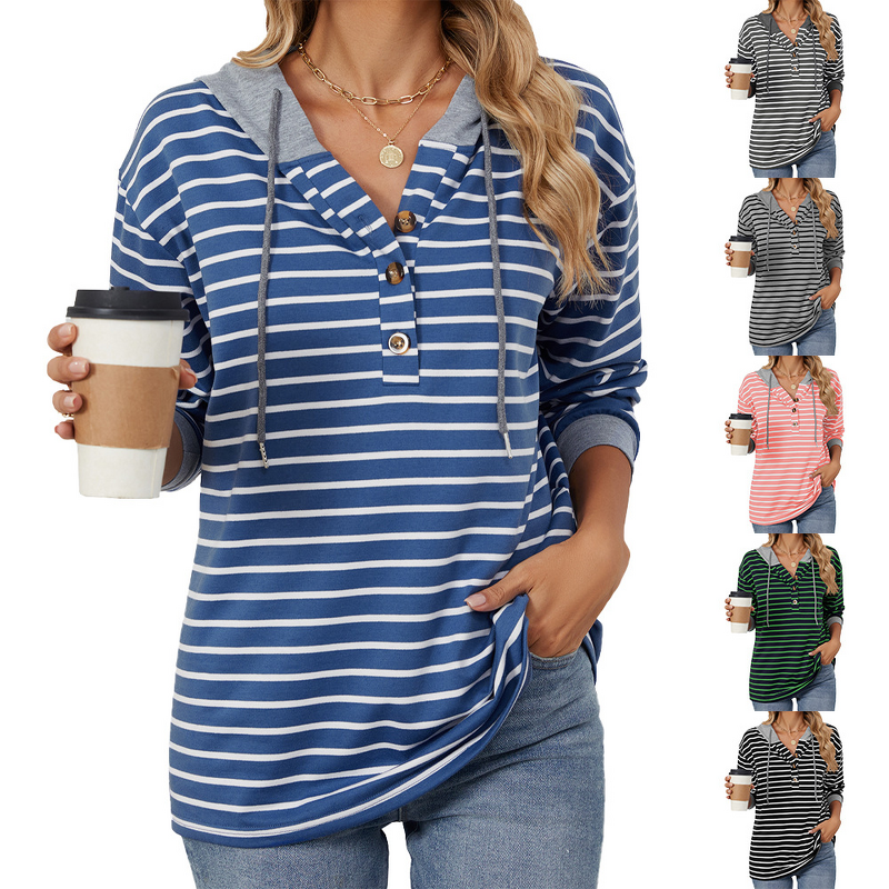 Women's Hoodie Manufacturer - Striped Contrasting Button Hooded Patchwork Loose Casual