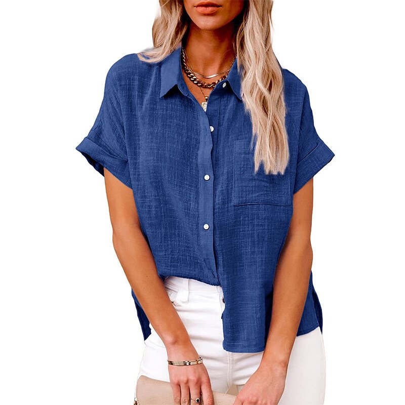 Cotton Linen T-shirt Manufacturer - Lapel Button Short Sleeve Loose for Women Summer
