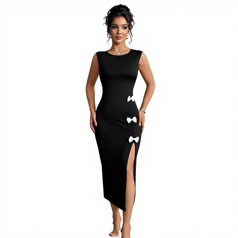 Bow Sleeveless Dress Manufacturer - 2025 Slim Fit Slit Round Neck for Women Autumn