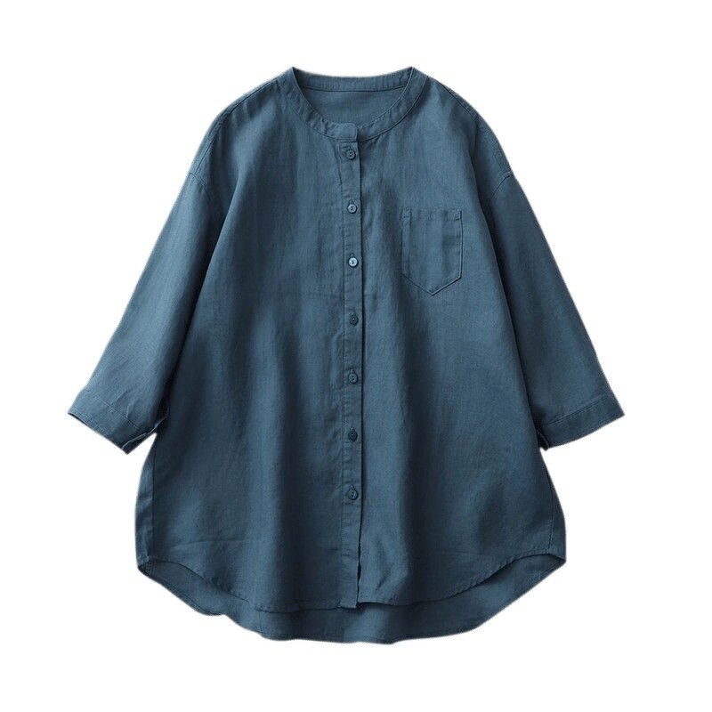 Cotton Casual Blouse Manufacturer - Three-quarter Sleeve Stand Collar Button for Women Summer