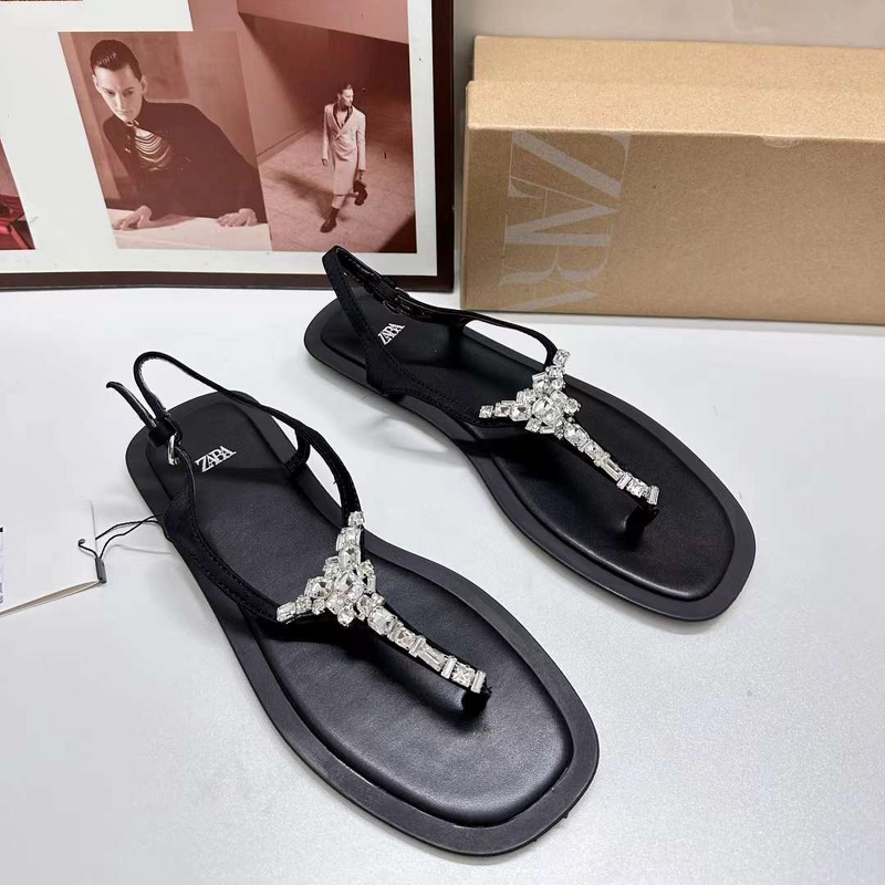 Women's Flat Sandals Manufacturer - 2025 Classic Black Round Toe Shiny Crystal Wholesale